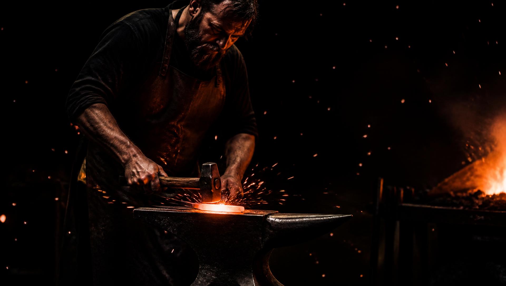Blacksmith striking glowing iron on an anvil